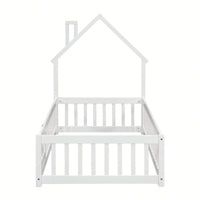 Twin House-Shaped Headboard Floor Bed With Safety Fence In White