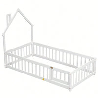 Twin House-Shaped Headboard Floor Bed With Safety Fence In White