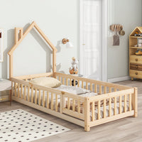 Twin House-Shaped Headboard Floor Bed With Safety Fence In White