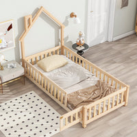 Twin House-Shaped Headboard Floor Bed With Safety Fence In White