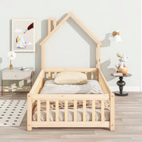 Twin House-Shaped Headboard Floor Bed With Safety Fence In White