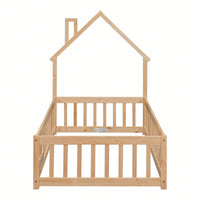 Twin House-Shaped Headboard Floor Bed With Safety Fence In White