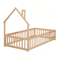 Twin House-Shaped Headboard Floor Bed With Safety Fence In White