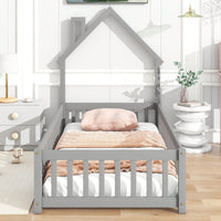 Twin House-Shaped Headboard Floor Bed With Safety Fence In White