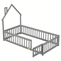 Twin House-Shaped Headboard Floor Bed With Safety Fence In White