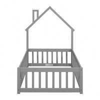 Twin House-Shaped Headboard Floor Bed With Safety Fence In White