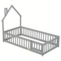Twin House-Shaped Headboard Floor Bed With Safety Fence In White