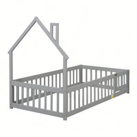 Twin House-Shaped Headboard Floor Bed With Safety Fence In White