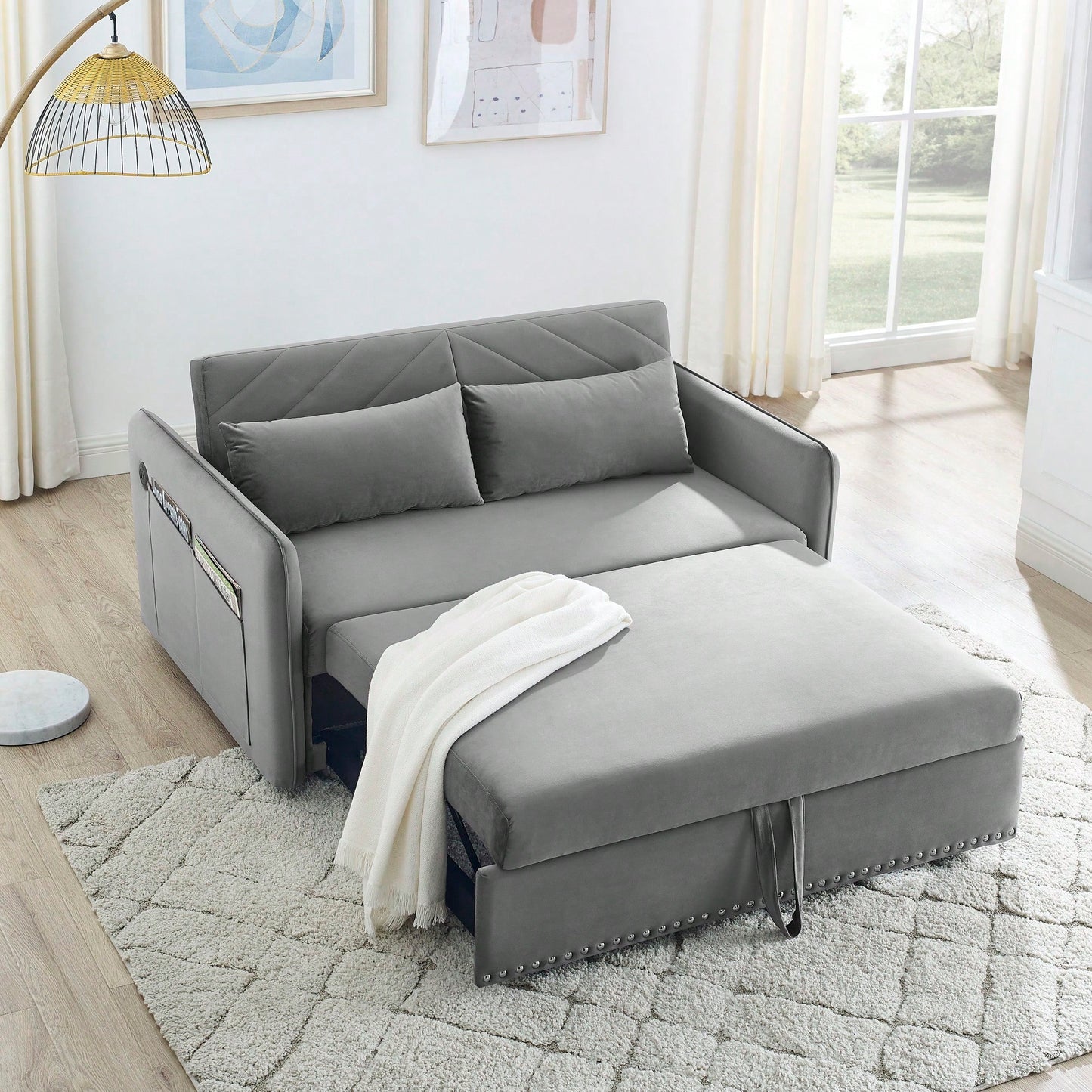 Versatile Sleeper Sofa Bed With USB Port, 3-In-1 Adjustable Design, Pull-Out Bed, 2 Lumbar Pillows, Soft Velvet Upholstery, Ideal For Living Room Or Bedroom