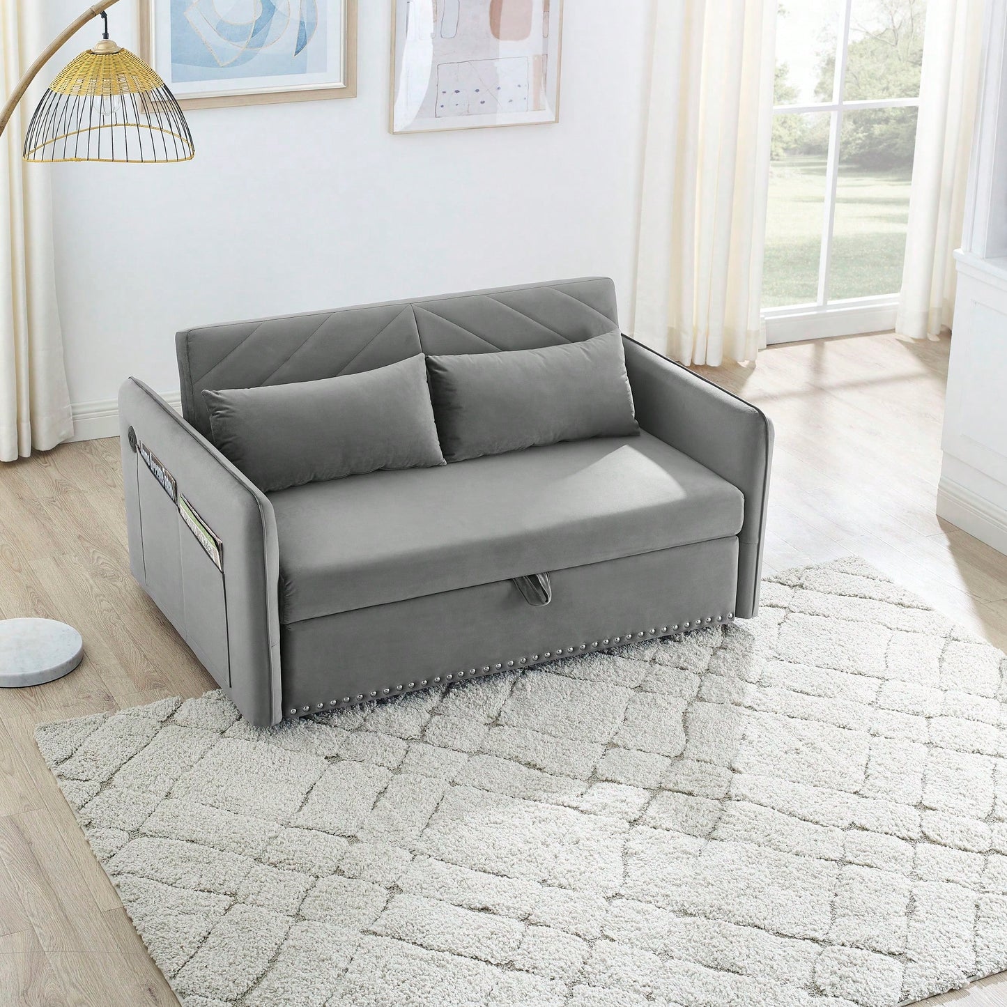 Versatile Sleeper Sofa Bed With USB Port, 3-In-1 Adjustable Design, Pull-Out Bed, 2 Lumbar Pillows, Soft Velvet Upholstery, Ideal For Living Room Or Bedroom