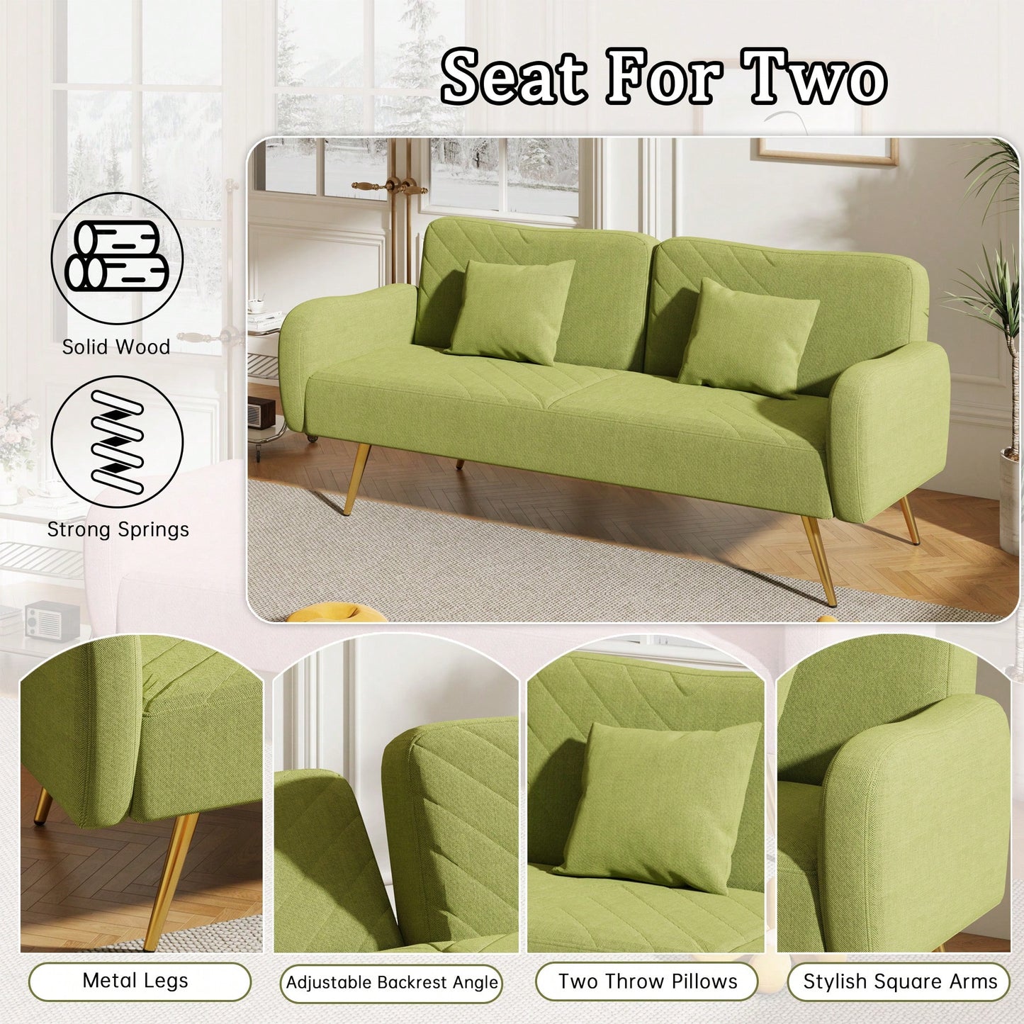 70.47 Inch Green Fabric Double Sofa With Split Backrest And Two Throw Pillows For Living Room Apartment Home Office