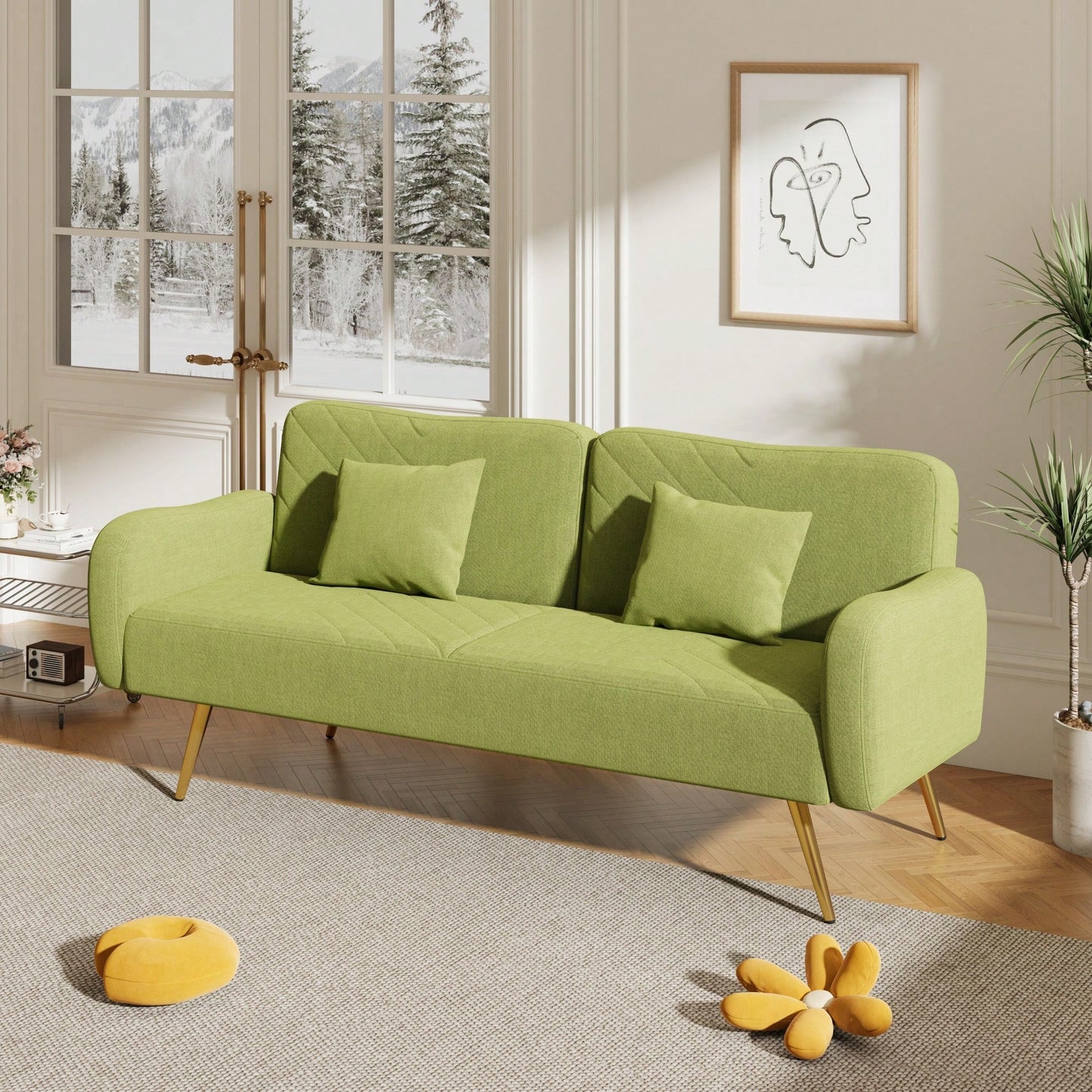 70.47 Inch Green Fabric Double Sofa With Split Backrest And Two Throw Pillows For Living Room Apartment Home Office