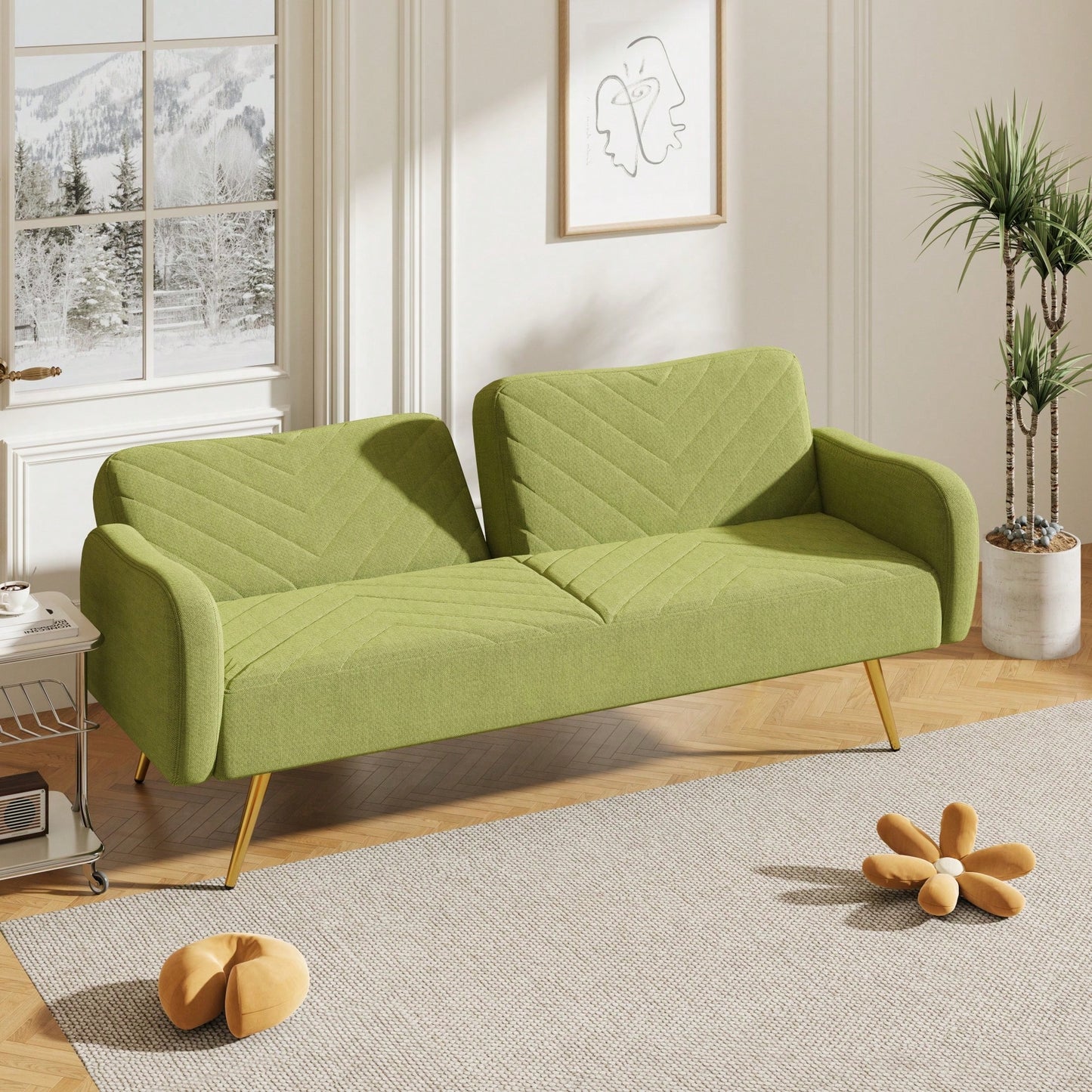 70.47 Inch Green Fabric Double Sofa With Split Backrest And Two Throw Pillows For Living Room Apartment Home Office