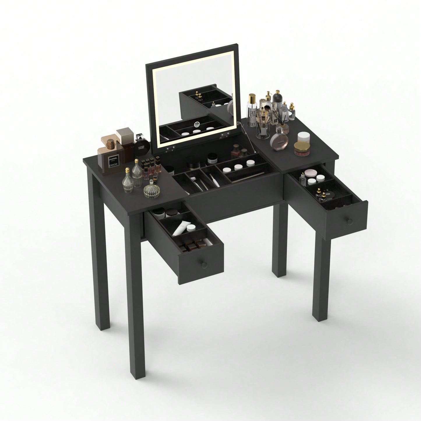 Stylish Black Vanity Table With LED Lighting, Flip-Top Mirror And Dual Drawers For Jewelry Storage And Makeup Organization