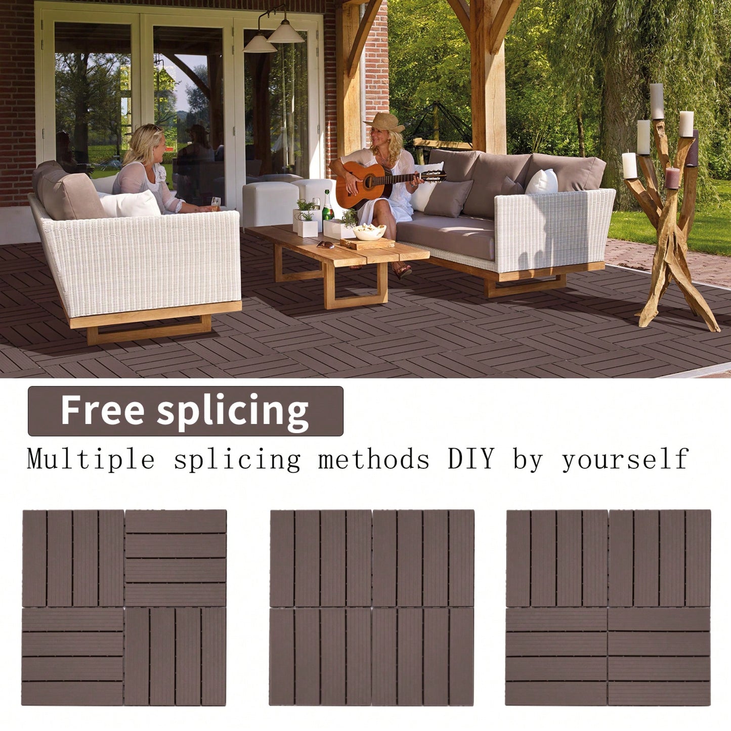 Outdoor Waterproof Interlocking Plastic Deck Tiles 11.8x11.8 For Garden Poolside Patio Flooring Mahogany Color Pack Of 44