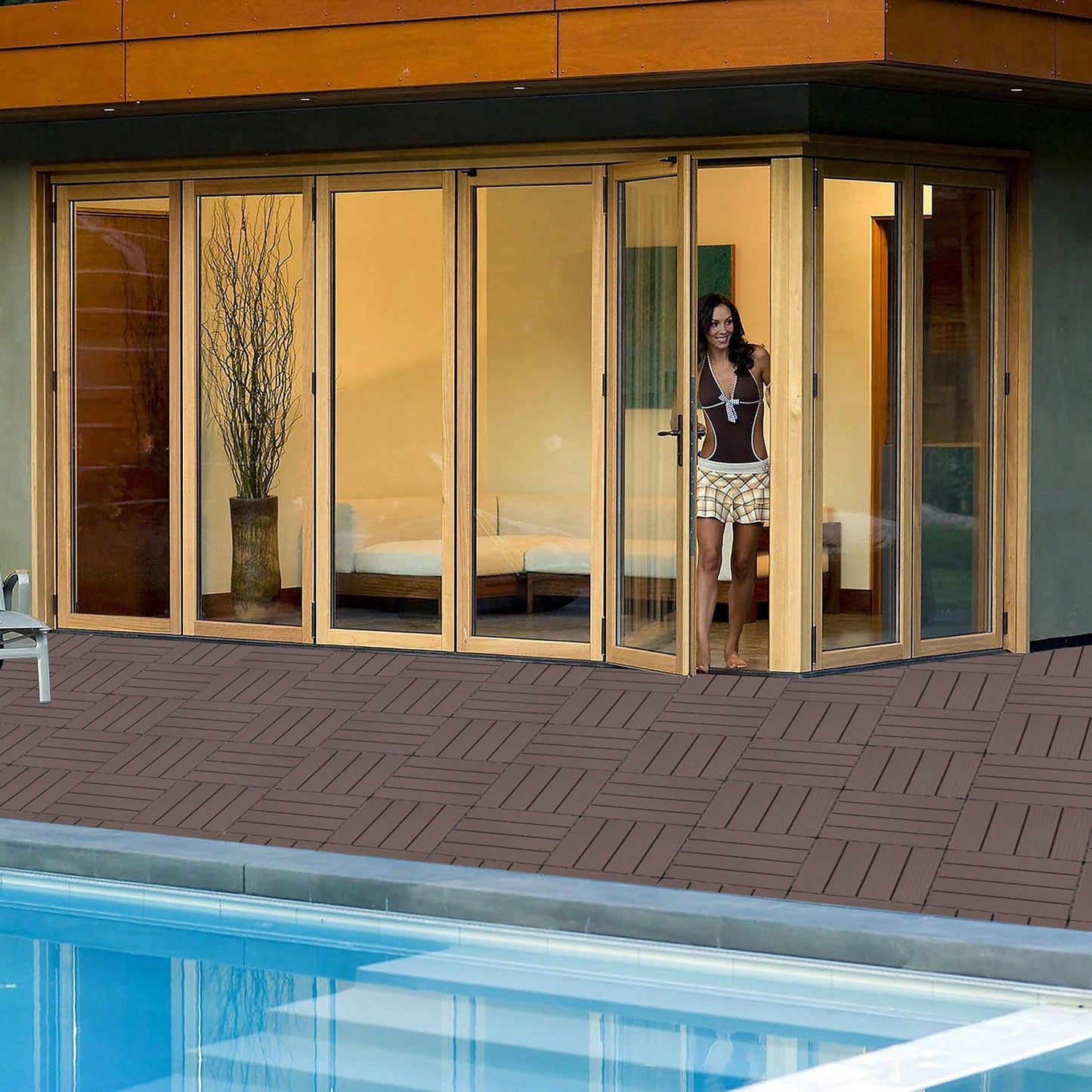 Outdoor Waterproof Interlocking Plastic Deck Tiles 11.8x11.8 For Garden Poolside Patio Flooring Mahogany Color Pack Of 44