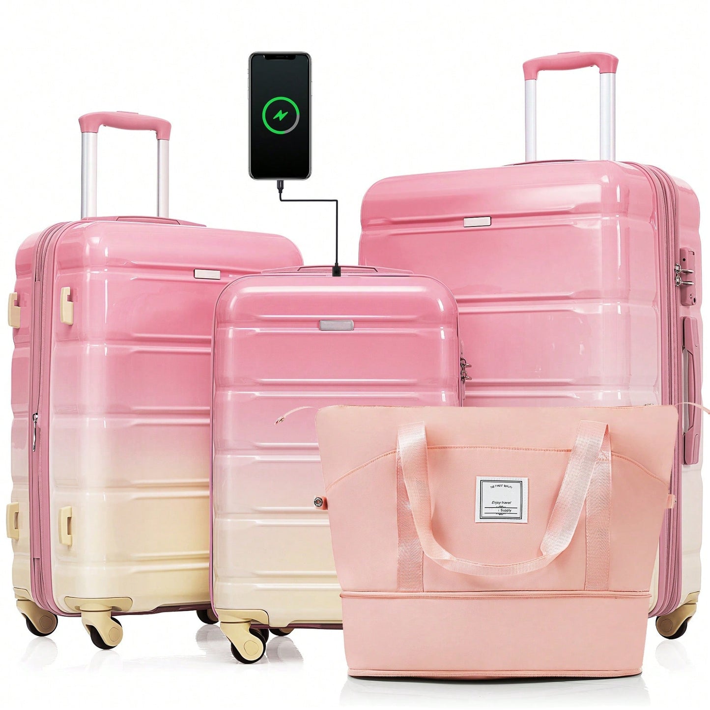 Expandable 4 Piece Luggage Set With USB Port 20-Inch Durable Hard Shell Suitcase Travel Bag Gradient Pink Spinner Wheels