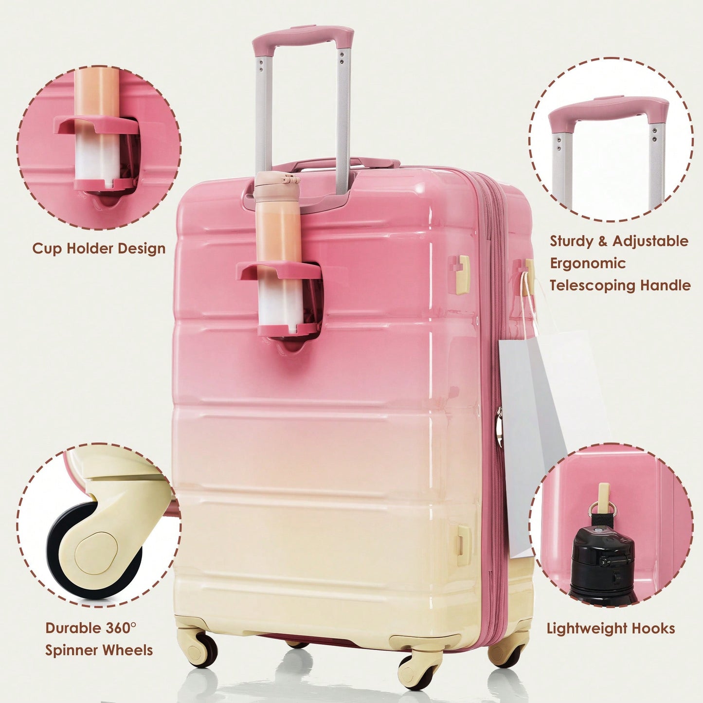 Expandable 4 Piece Luggage Set With USB Port 20-Inch Durable Hard Shell Suitcase Travel Bag Gradient Pink Spinner Wheels