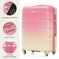 Expandable 4 Piece Luggage Set With USB Port 20-Inch Durable Hard Shell Suitcase Travel Bag Gradient Pink Spinner Wheels