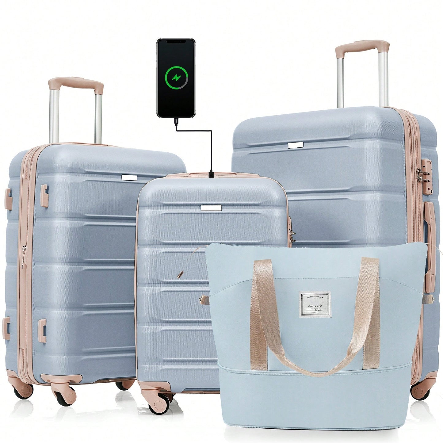 4 Piece Expandable 20-Inch Luggage Set With USB Port Durable ABS Hard Shell Suitcase Travel Bag Spinner Wheels Beige And Gold