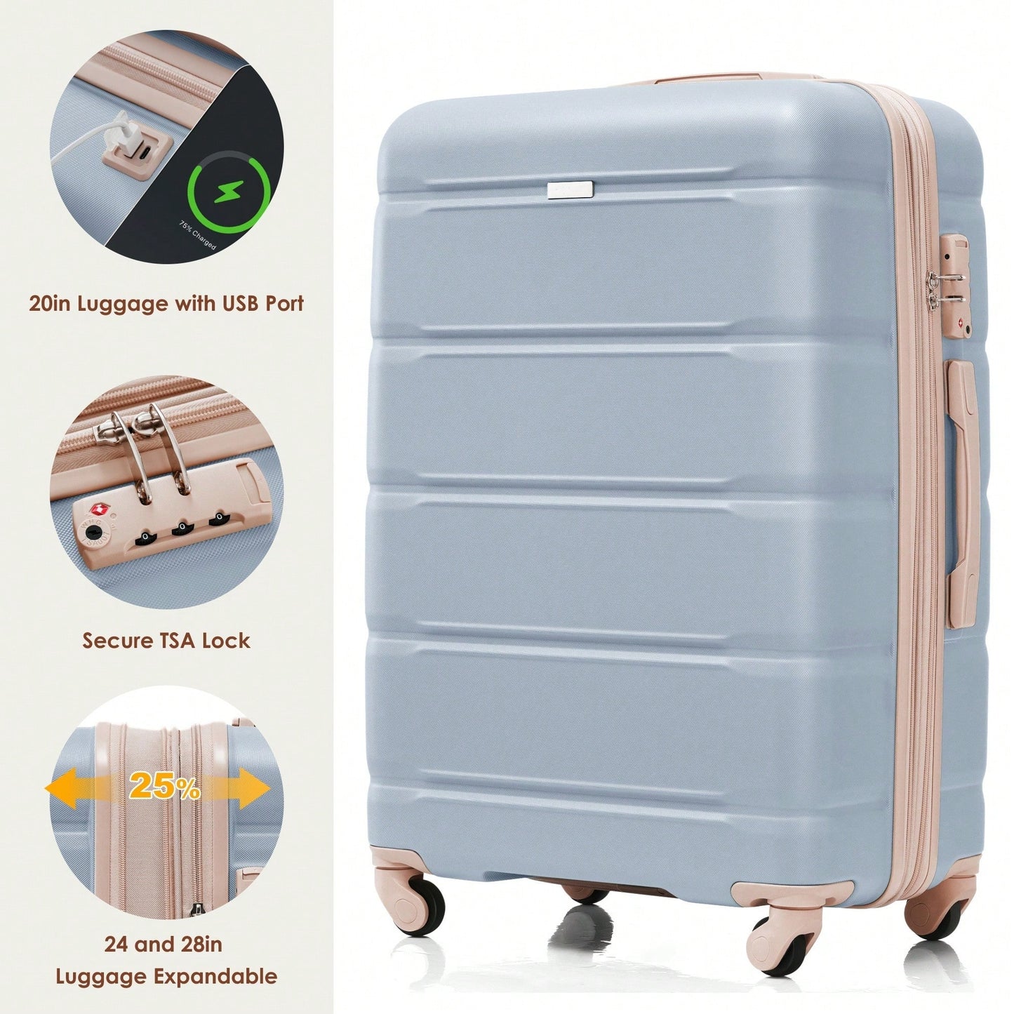 4 Piece Expandable 20-Inch Luggage Set With USB Port Durable ABS Hard Shell Suitcase Travel Bag Spinner Wheels Beige And Gold