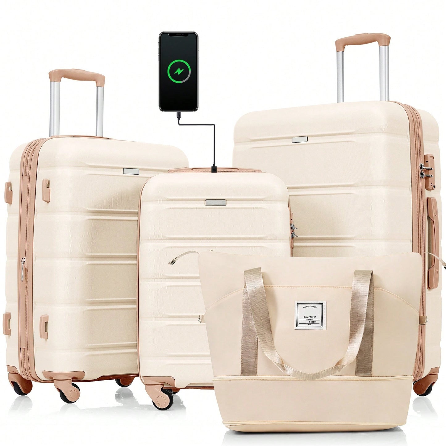 4 Piece Expandable 20-Inch Luggage Set With USB Port Durable ABS Hard Shell Suitcase Travel Bag Spinner Wheels Beige And Gold