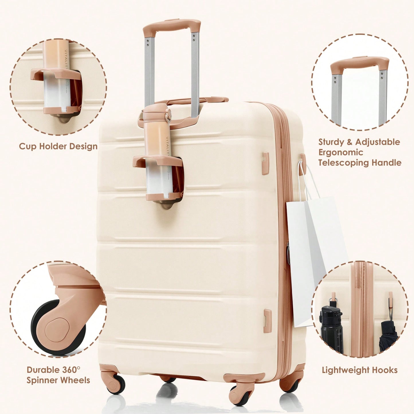 4 Piece Expandable 20-Inch Luggage Set With USB Port Durable ABS Hard Shell Suitcase Travel Bag Spinner Wheels Beige And Gold