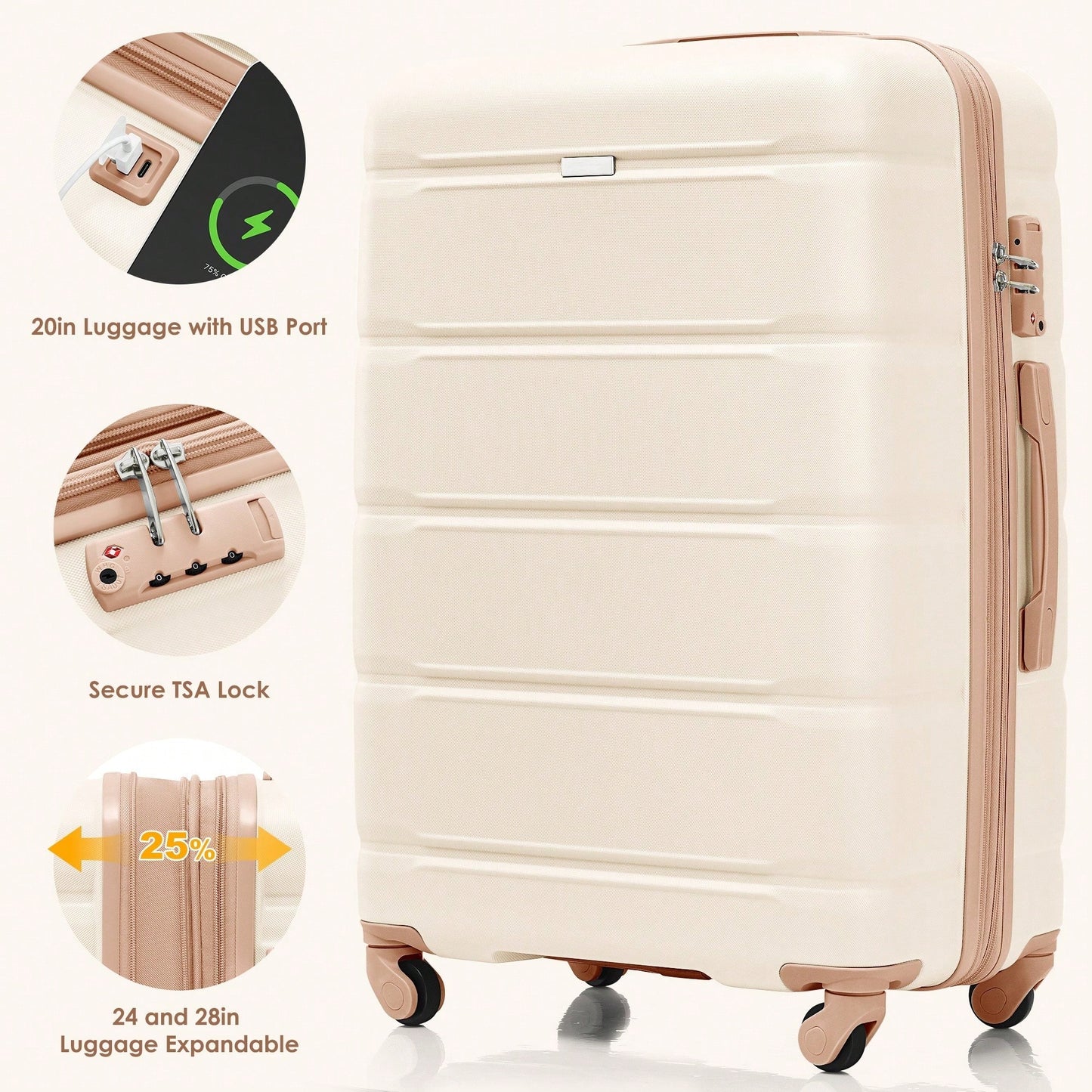 4 Piece Expandable 20-Inch Luggage Set With USB Port Durable ABS Hard Shell Suitcase Travel Bag Spinner Wheels Beige And Gold