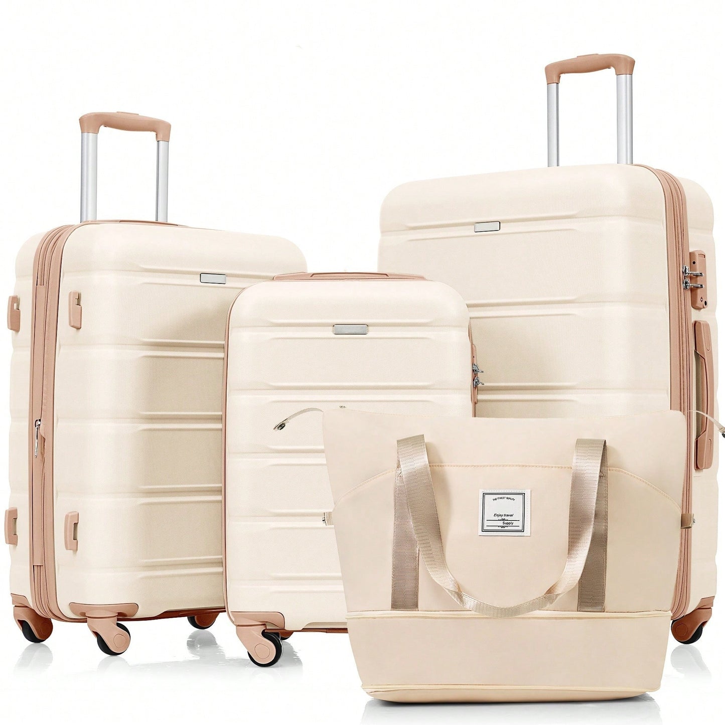 4 Piece Expandable 20-Inch Luggage Set With USB Port Durable ABS Hard Shell Suitcase Travel Bag Spinner Wheels Beige And Gold