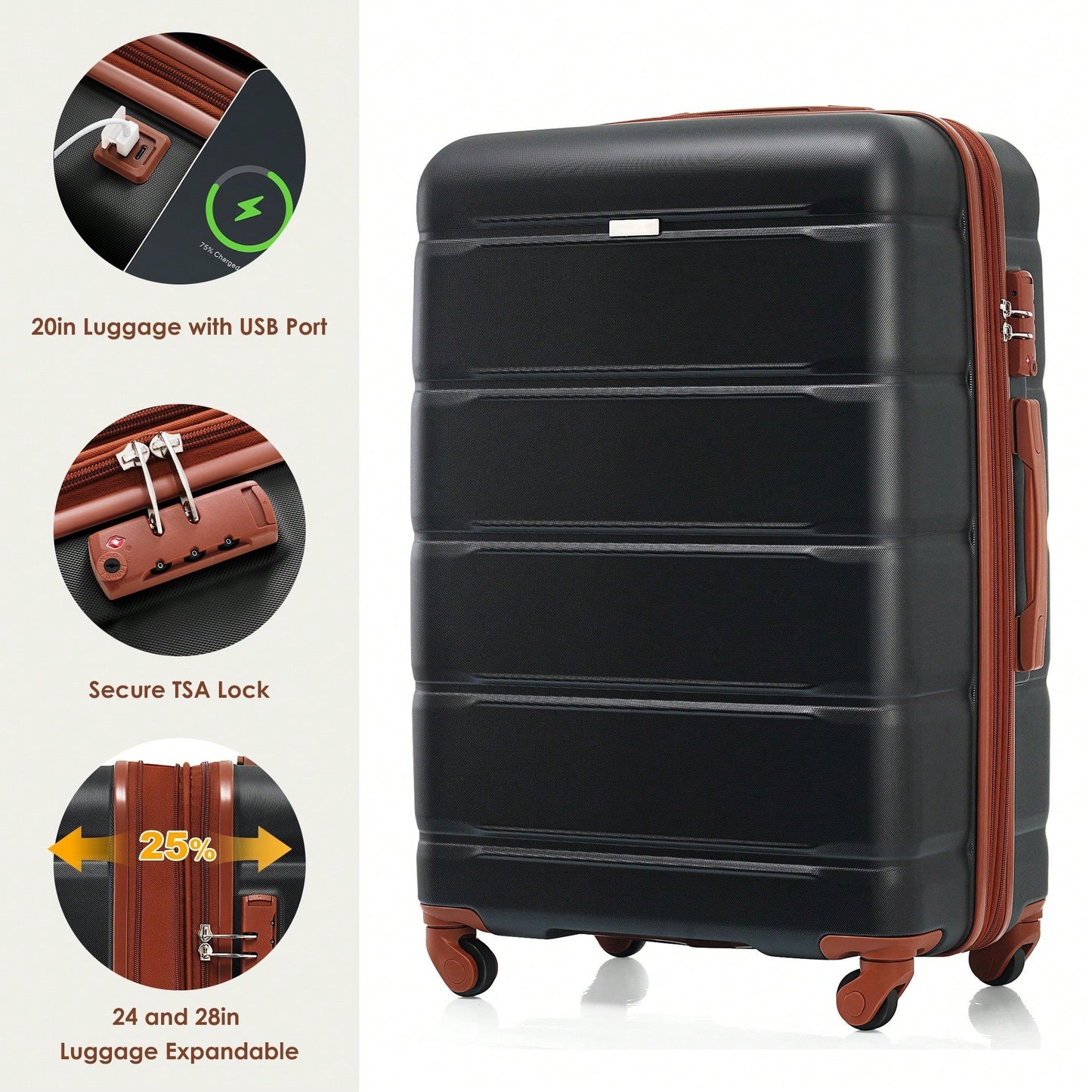 Expandable 4 Piece Luggage Set With USB Port Durable ABS Hard Shell Suitcase Travel Bag And Cup Holder Spinner Wheels Black And Brown