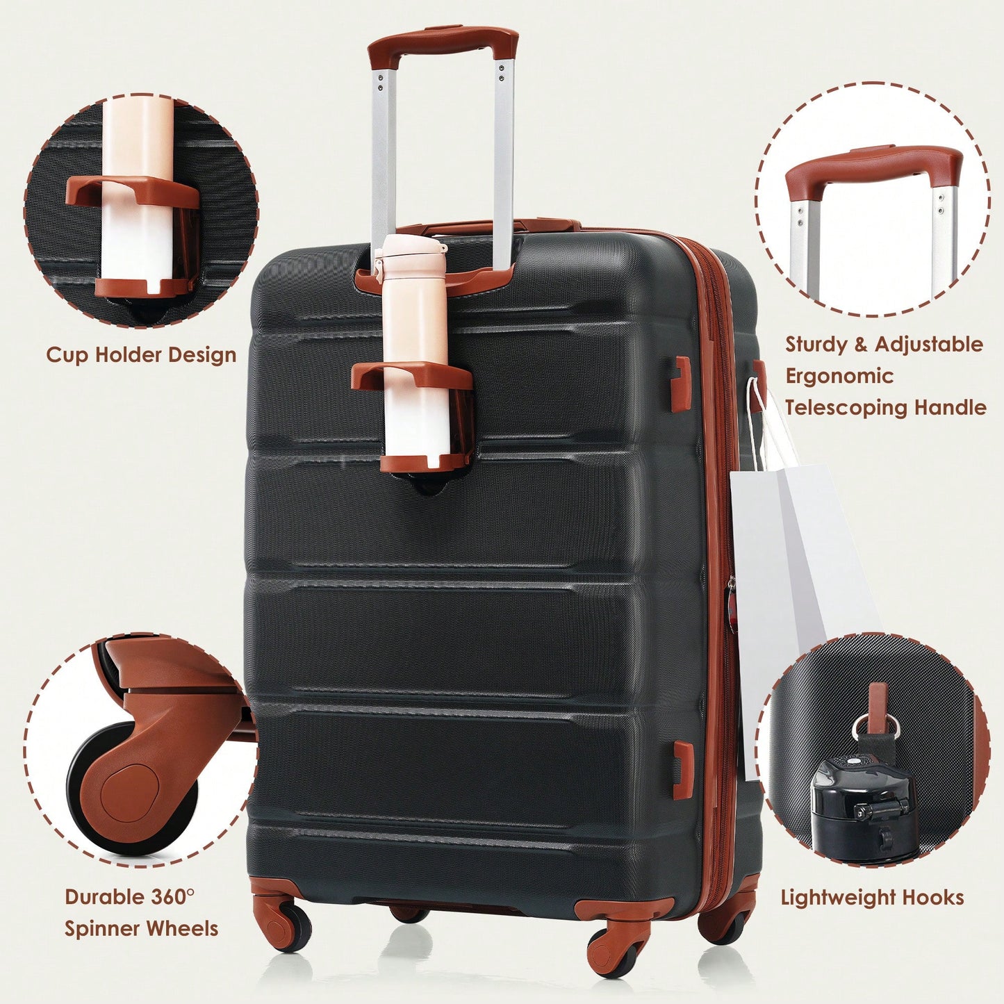 Expandable 4 Piece Luggage Set With USB Port Durable ABS Hard Shell Suitcase Travel Bag And Cup Holder Spinner Wheels Black And Brown