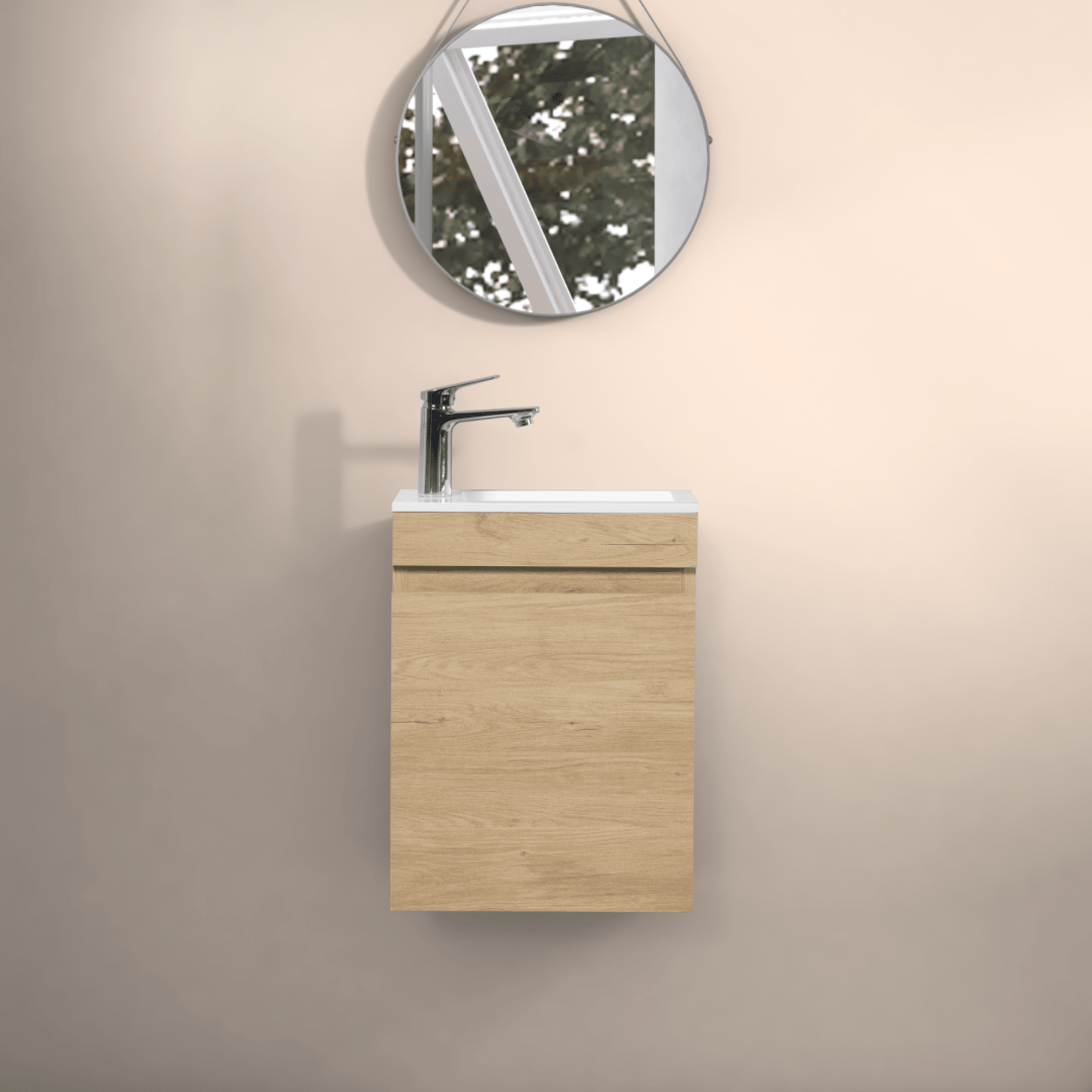 16 Inch Wall-Mounted Floating Bathroom Vanity With Sink And Soft Close Doors Natural Oak Finish Small Space Storage Solution