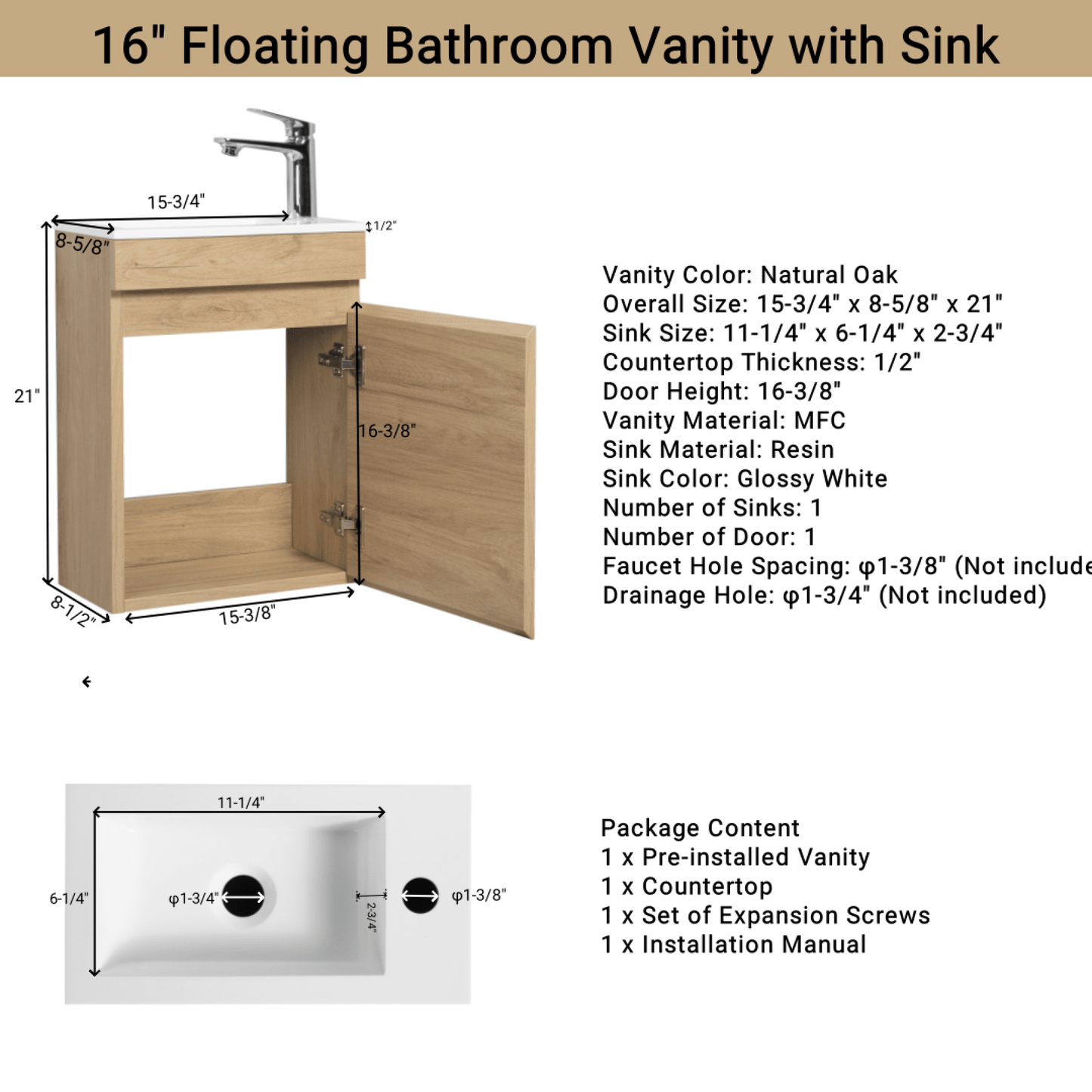 16 Inch Wall-Mounted Floating Bathroom Vanity With Sink And Soft Close Doors Natural Oak Finish Small Space Storage Solution