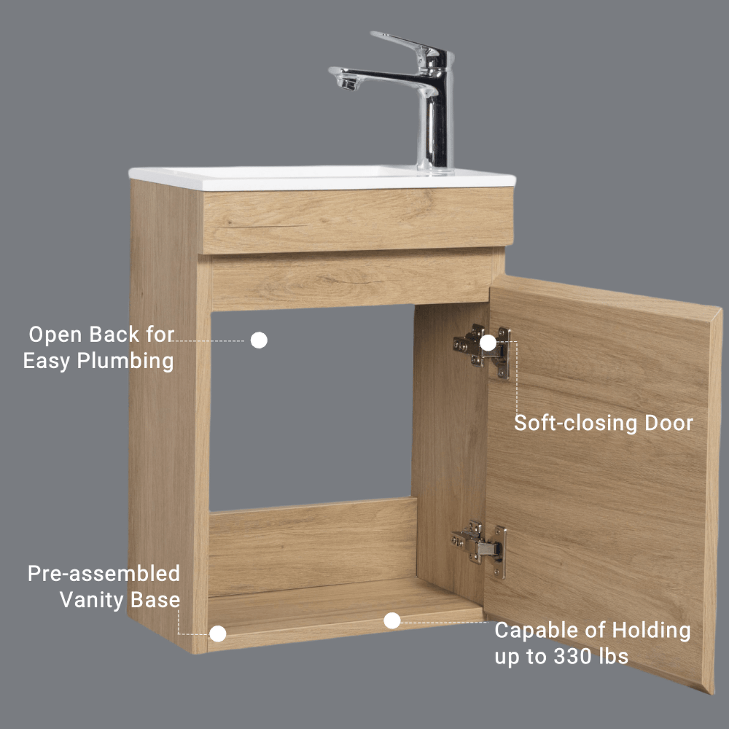 16 Inch Wall-Mounted Floating Bathroom Vanity With Sink And Soft Close Doors Natural Oak Finish Small Space Storage Solution