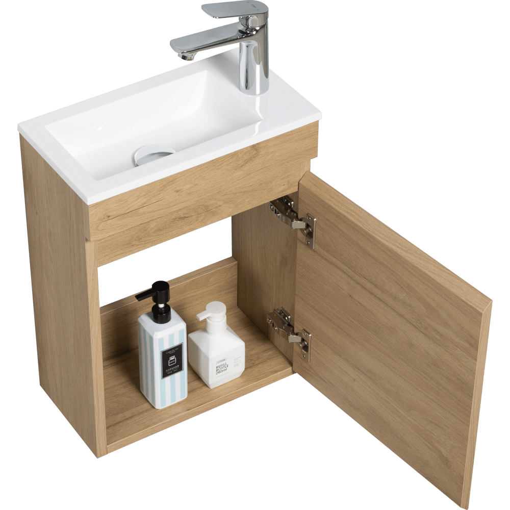 16 Inch Wall-Mounted Floating Bathroom Vanity With Sink And Soft Close Doors Natural Oak Finish Small Space Storage Solution