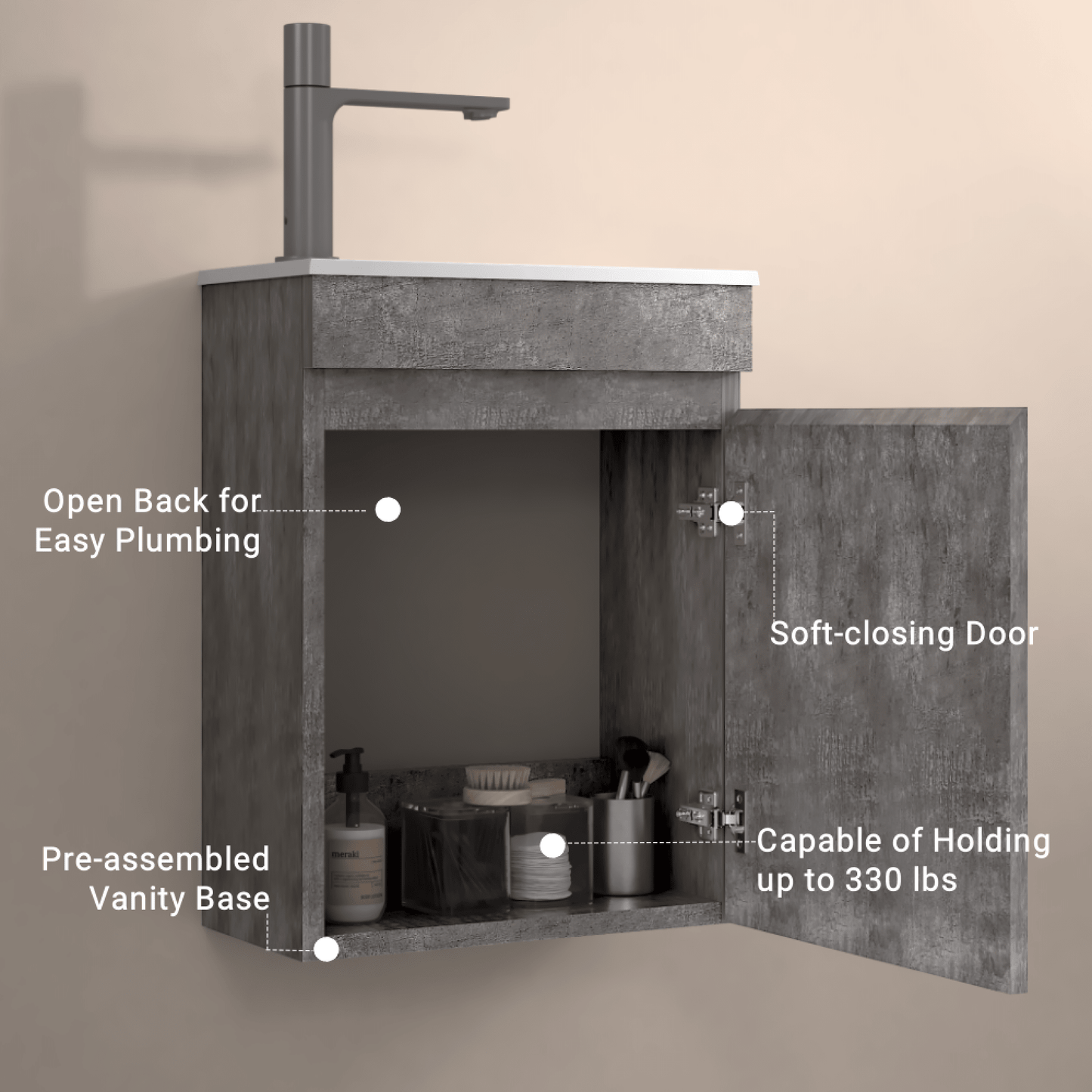 16 Inch Wall-Mounted Floating Bathroom Vanity With Sink And Soft Close Doors Natural Oak Finish Small Space Storage Solution