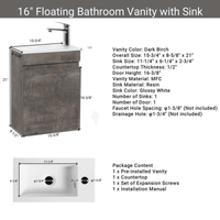 16 Inch Wall-Mounted Floating Bathroom Vanity With Sink And Soft Close Doors Natural Oak Finish Small Space Storage Solution