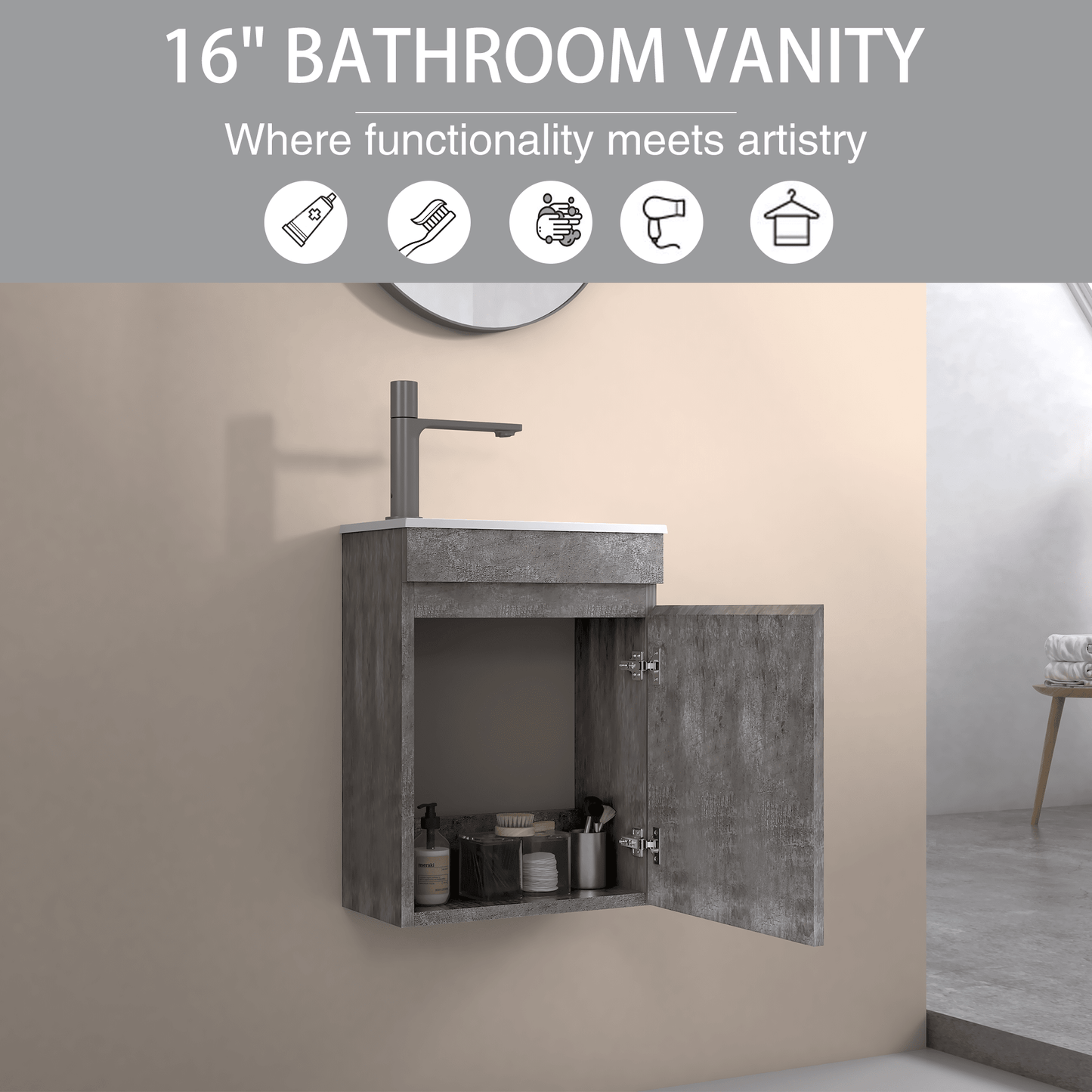 16 Inch Wall-Mounted Floating Bathroom Vanity With Sink And Soft Close Doors Natural Oak Finish Small Space Storage Solution