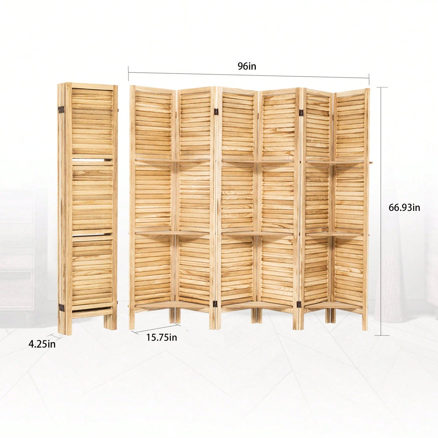 Wooden 6 Panel Folding Room Divider With Shelves Freestanding Partition Screen In Dark Brown