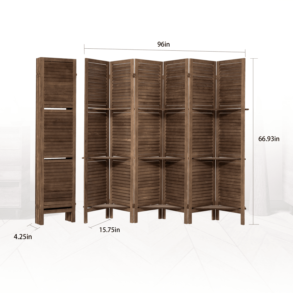 Wooden 6 Panel Folding Room Divider With Shelves Freestanding Partition Screen In Dark Brown