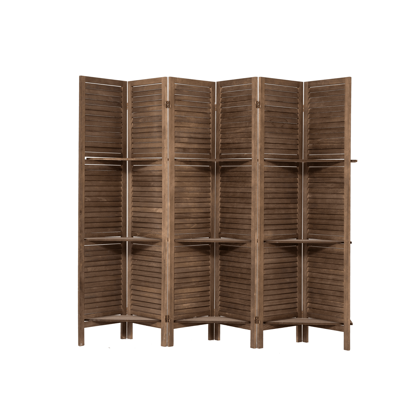 Wooden 6 Panel Folding Room Divider With Shelves Freestanding Partition Screen In Dark Brown