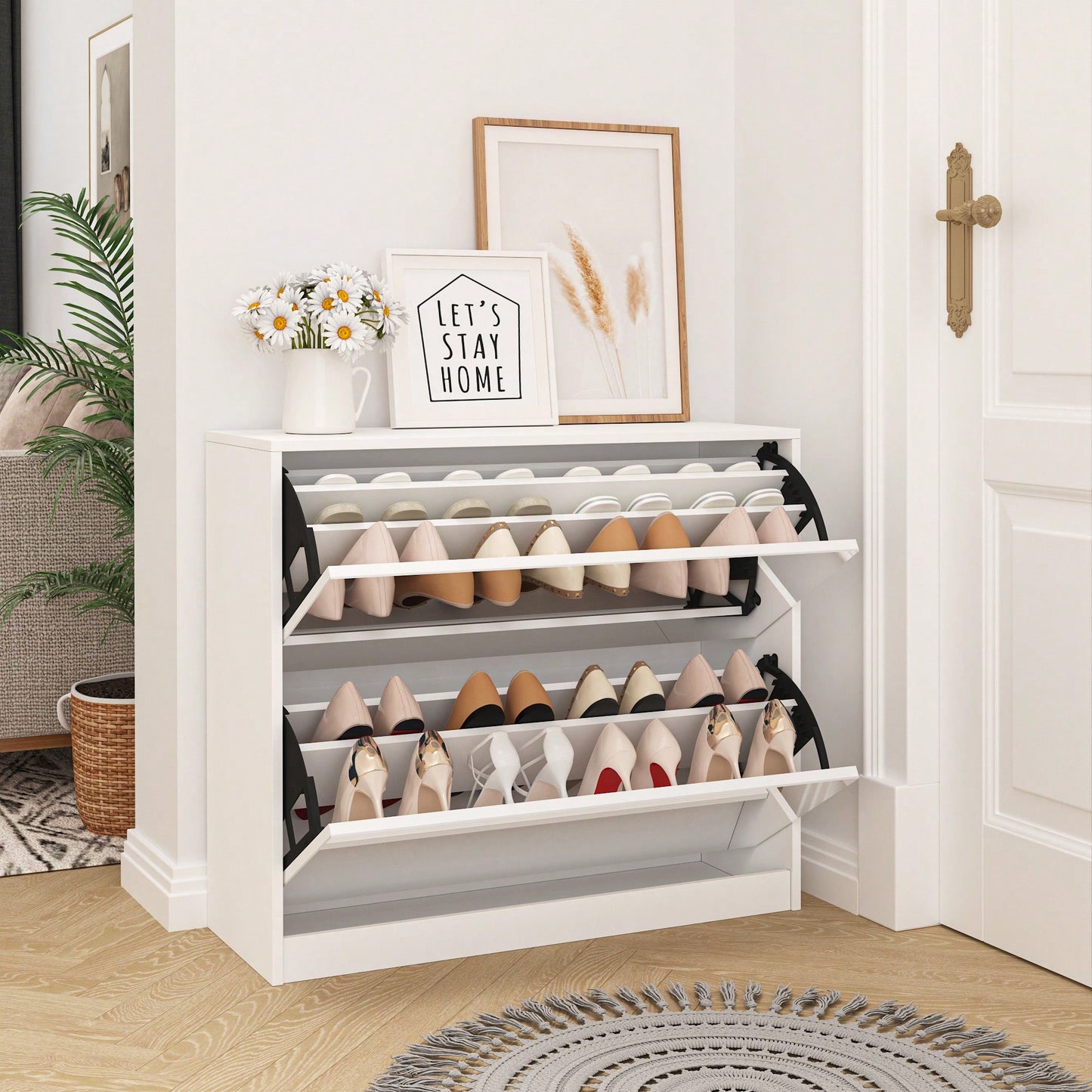 Stylish 2 Tier Shoe Storage Cabinet With Drawers For Entryway And Bedroom Flip Door Design