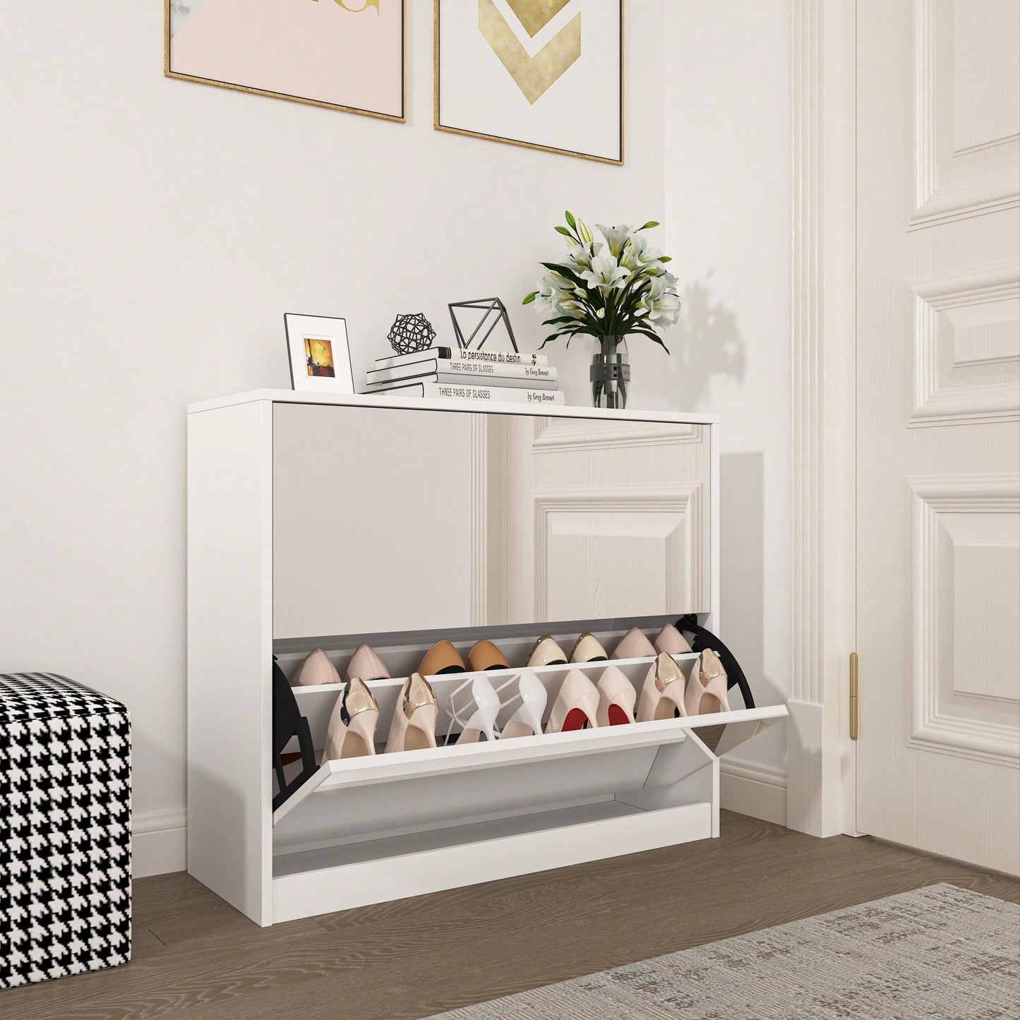 Stylish 2 Tier Shoe Storage Cabinet With Drawers For Entryway And Bedroom Flip Door Design