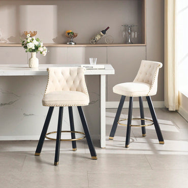 Set Of 2 Velvet Bar Chairs With 360 Degree Rotation And Detachable Back Pull Loop, Square Foot Wooden Base And Rivet Decoration