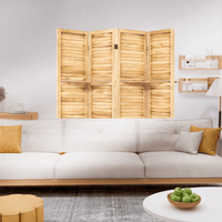 Natural Wood 4 Panel Room Divider With Shelves For Stylish Space Partitioning And Display