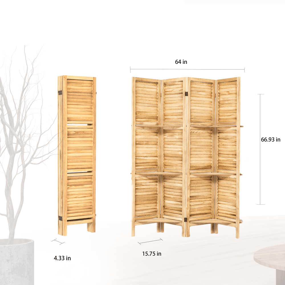 Natural Wood 4 Panel Room Divider With Shelves For Stylish Space Partitioning And Display