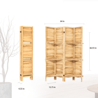 Natural Wood 4 Panel Room Divider With Shelves For Stylish Space Partitioning And Display