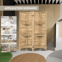 Natural Wood 4 Panel Room Divider With Shelves For Stylish Space Partitioning And Display
