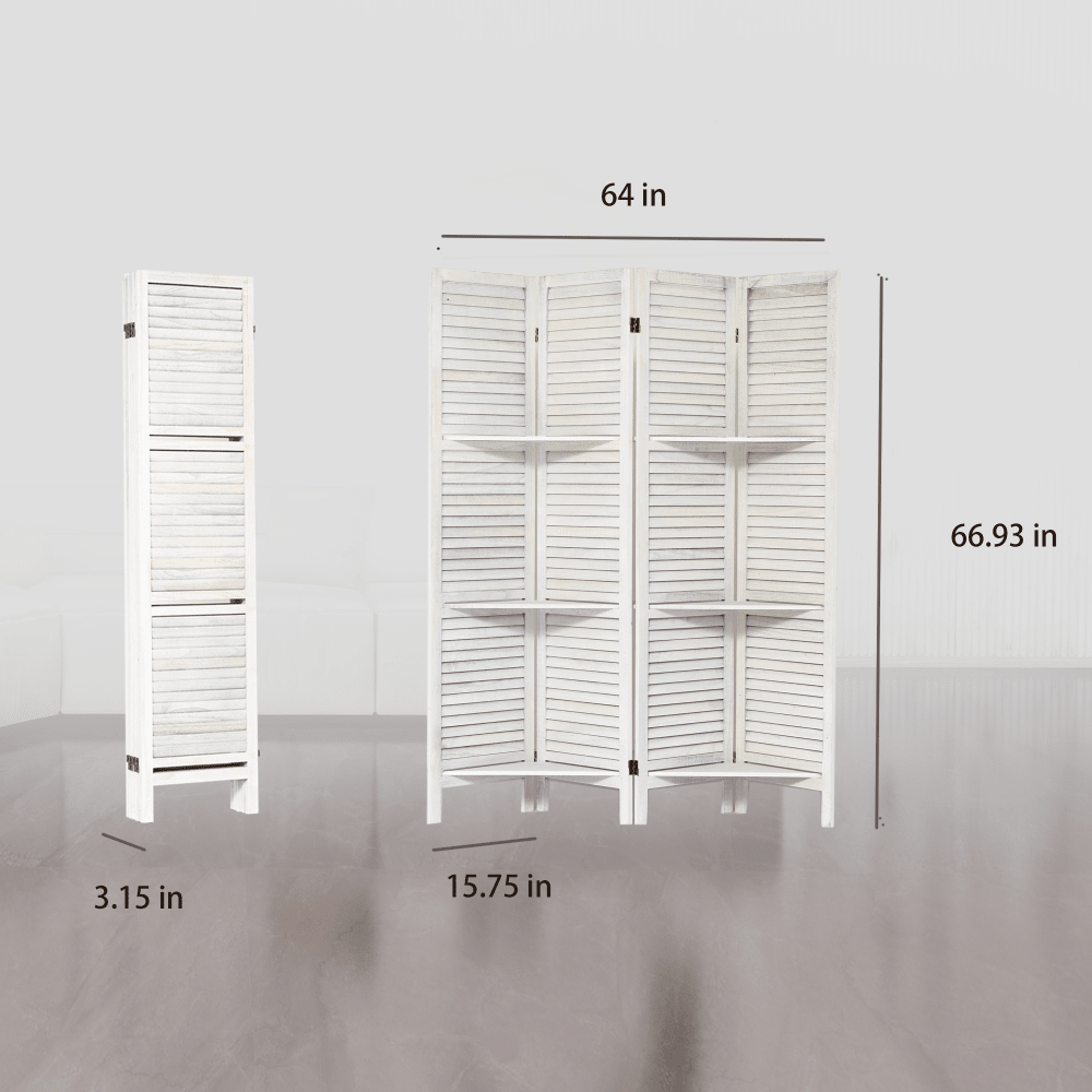 White 4 Panel Room Divider With Shelves Portable Folding Privacy Screen For Bedroom Home Office Studio