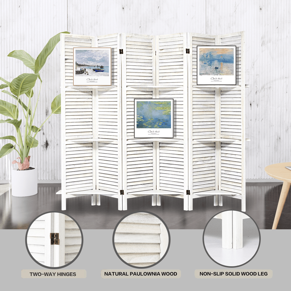 White 6 Panel Folding Room Divider With Shelves For Home Office Studio Apartment Privacy Screen